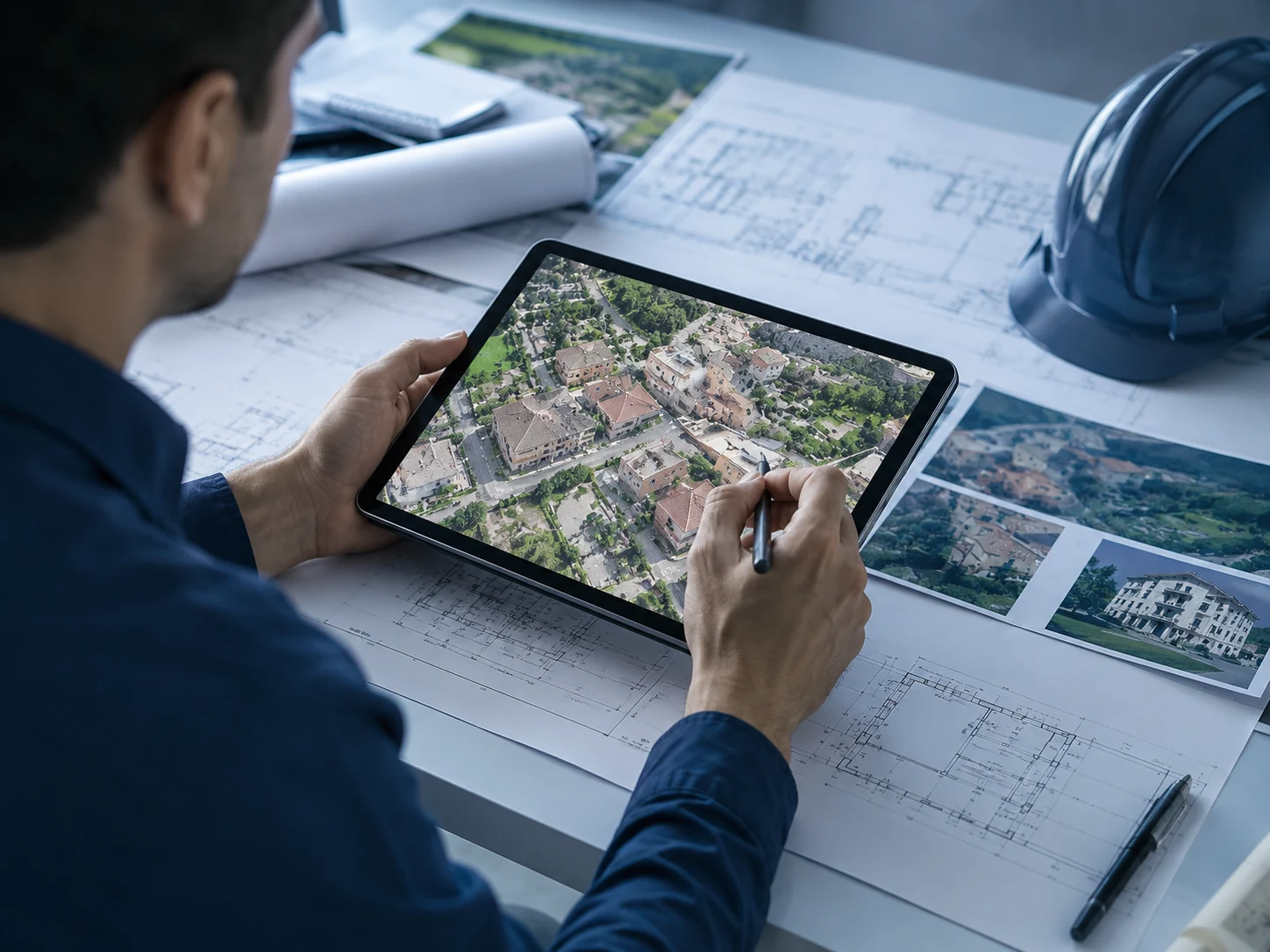 Professionista tecnico consulta immagini aeree su tablet