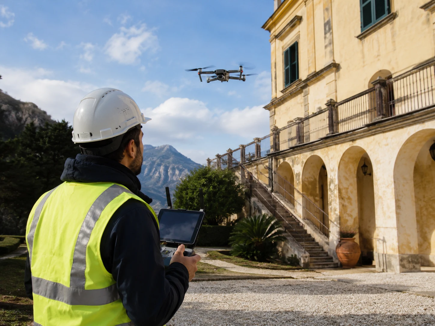 Operatore durante sopralluogo fotografico con drone