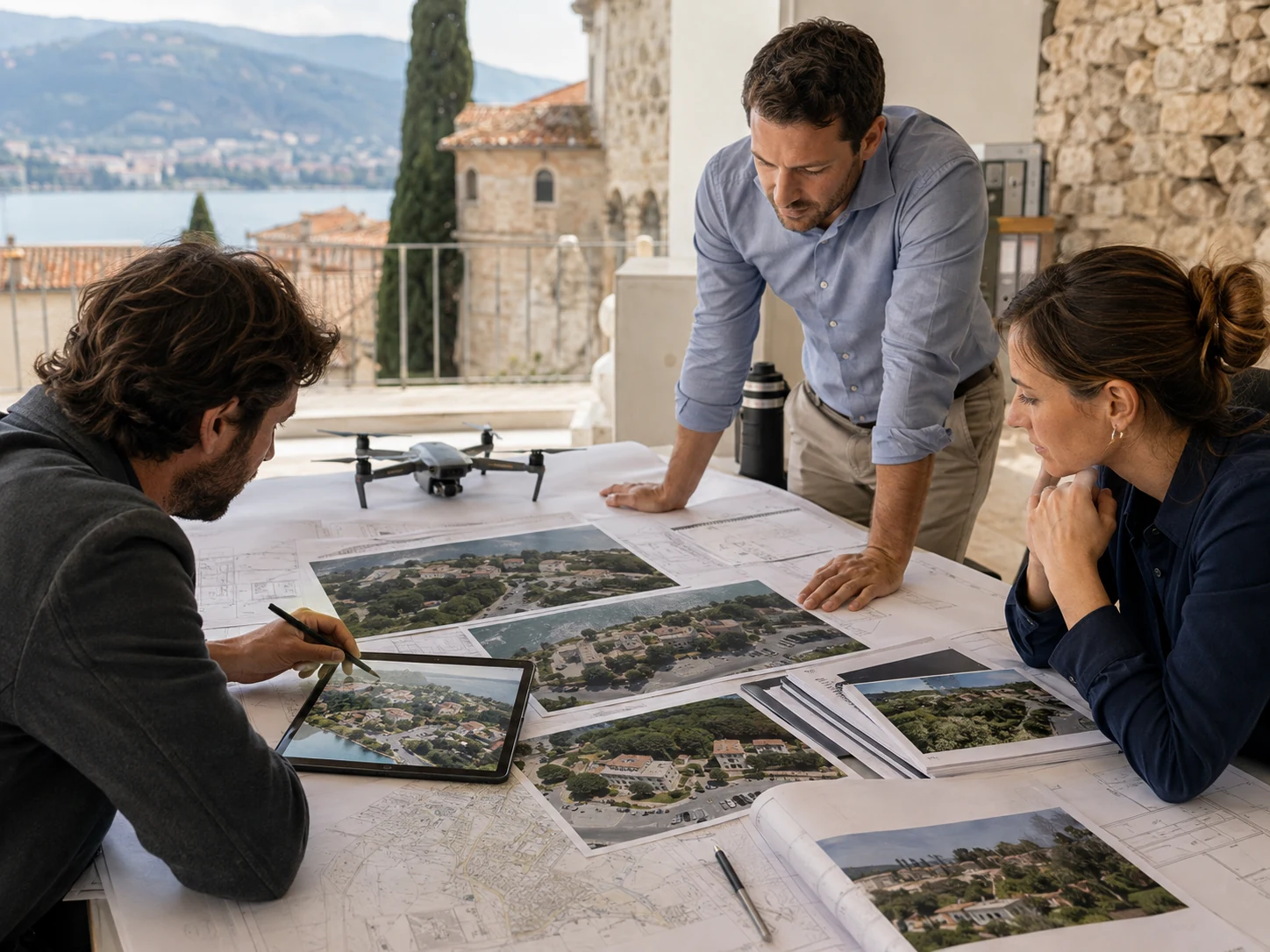 Team tecnico analizza immagini aeree e tavole progettuali